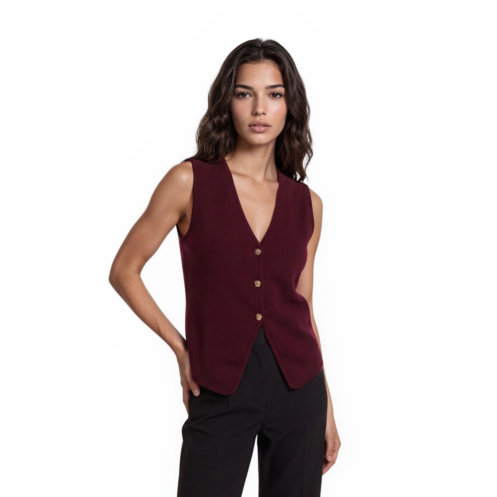 Emerson Lang Vest Women's Size XL Burgundy Ribbed V Neck Gold Button